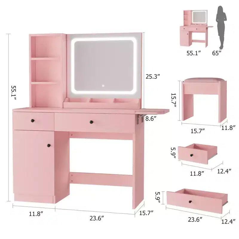 Set Tavolo da Trucco Nero/Marrone/Verde/Rosa con Specchio Illuminato, Sgabello Contenitore e Top Espandibile – 1 Persona