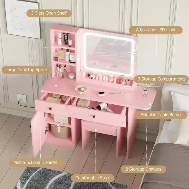 Set Tavolo da Trucco Nero/Marrone/Verde/Rosa con Specchio Illuminato, Sgabello Contenitore e Top Espandibile – 1 Persona