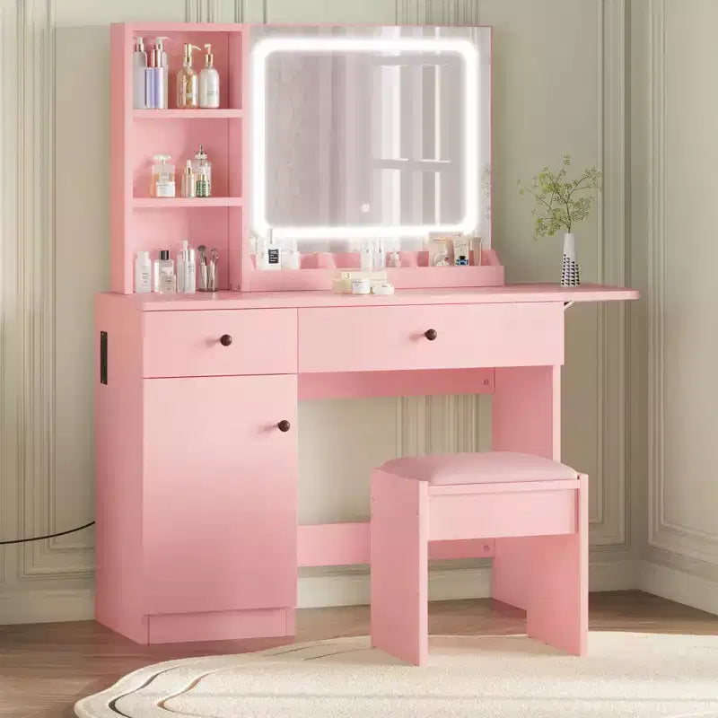 Set Tavolo da Trucco Nero/Marrone/Verde/Rosa con Specchio Illuminato, Sgabello Contenitore e Top Espandibile – 1 Persona