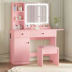 Set Tavolo da Trucco Nero/Marrone/Verde/Rosa con Specchio Illuminato, Sgabello Contenitore e Top Espandibile – 1 Persona