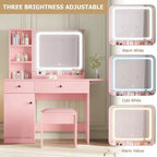Set Tavolo da Trucco Nero/Marrone/Verde/Rosa con Specchio Illuminato, Sgabello Contenitore e Top Espandibile – 1 Persona