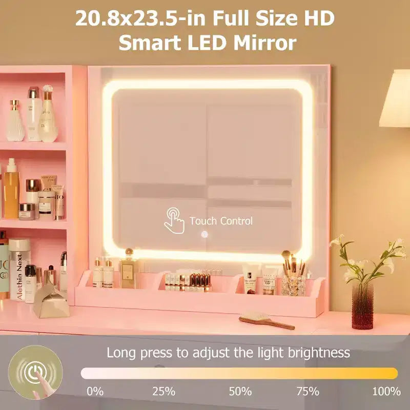 Set Tavolo da Trucco Nero/Marrone/Verde/Rosa con Specchio Illuminato, Sgabello Contenitore e Top Espandibile – 1 Persona