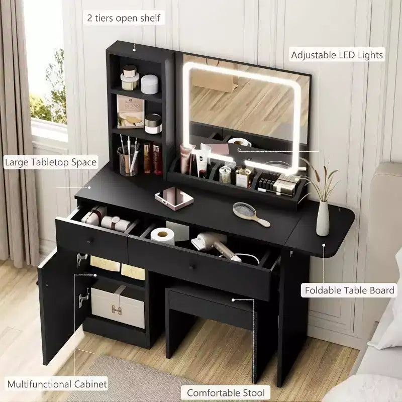 Set Tavolo da Trucco Nero/Marrone/Verde/Rosa con Specchio Illuminato, Sgabello Contenitore e Top Espandibile – 1 Persona
