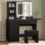 Set Tavolo da Trucco Nero/Marrone/Verde/Rosa con Specchio Illuminato, Sgabello Contenitore e Top Espandibile – 1 Persona