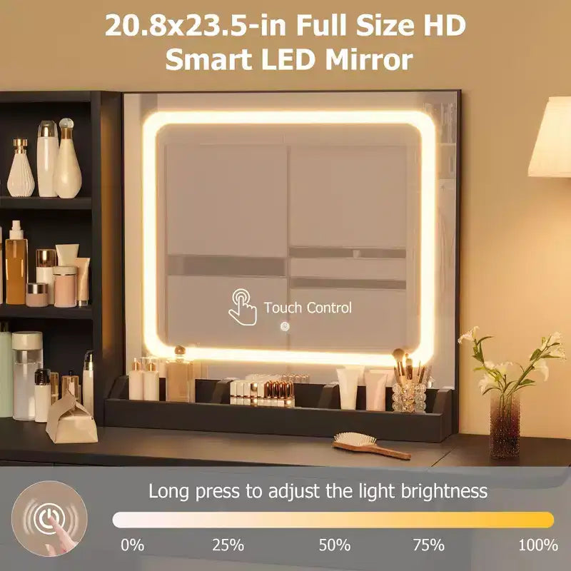 Set Tavolo da Trucco Nero/Marrone/Verde/Rosa con Specchio Illuminato, Sgabello Contenitore e Top Espandibile – 1 Persona