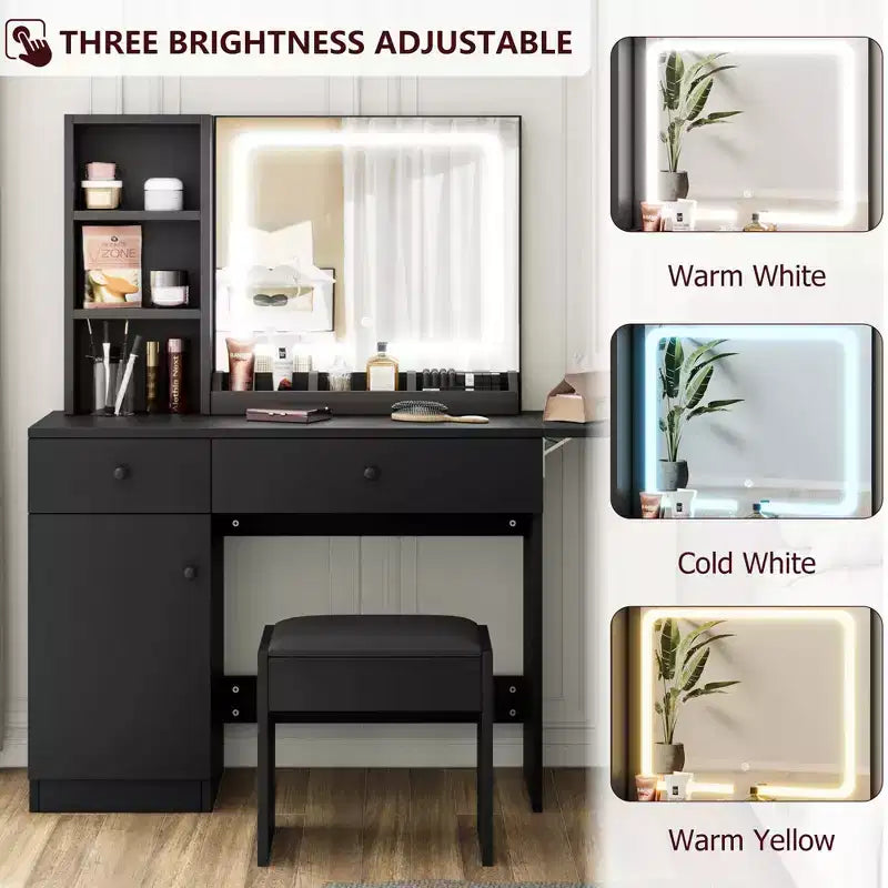 Set Tavolo da Trucco Nero/Marrone/Verde/Rosa con Specchio Illuminato, Sgabello Contenitore e Top Espandibile – 1 Persona