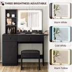 Set Tavolo da Trucco Nero/Marrone/Verde/Rosa con Specchio Illuminato, Sgabello Contenitore e Top Espandibile – 1 Persona