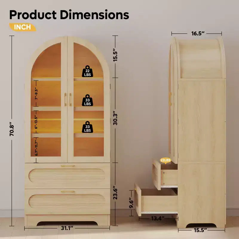 Mobile Contenitore Alto Ad Arco da 178 cm con Luci a LED, 2 Cassetti e Ripiani Regolabili – Nero Venato / Rovere Naturale