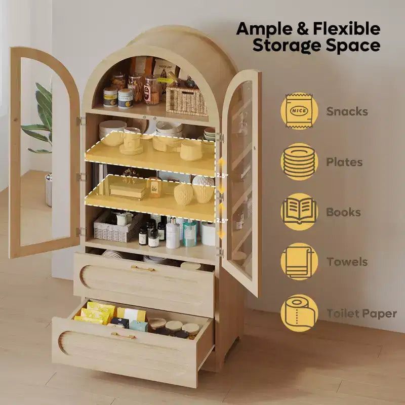 Mobile Contenitore Alto Ad Arco da 178 cm con Luci a LED, 2 Cassetti e Ripiani Regolabili – Nero Venato / Rovere Naturale