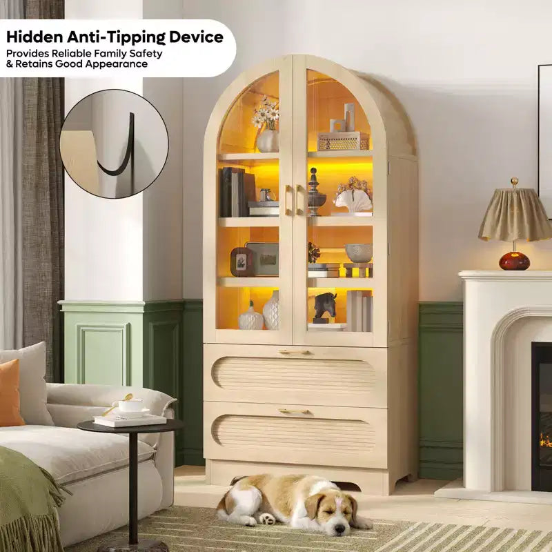 Mobile Contenitore Alto Ad Arco da 178 cm con Luci a LED, 2 Cassetti e Ripiani Regolabili – Nero Venato / Rovere Naturale