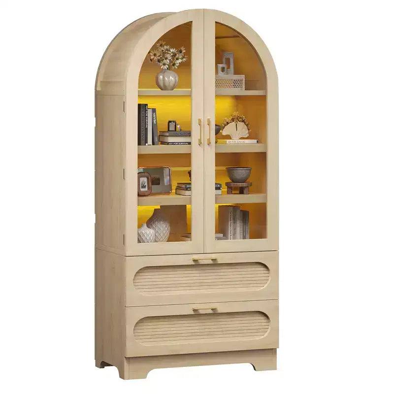 Mobile Contenitore Alto Ad Arco da 178 cm con Luci a LED, 2 Cassetti e Ripiani Regolabili – Nero Venato / Rovere Naturale