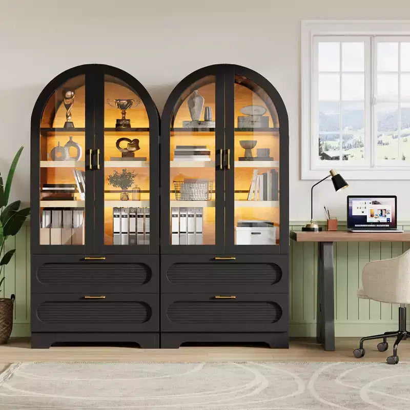 Mobile Contenitore Alto Ad Arco da 178 cm con Luci a LED, 2 Cassetti e Ripiani Regolabili – Nero Venato / Rovere Naturale
