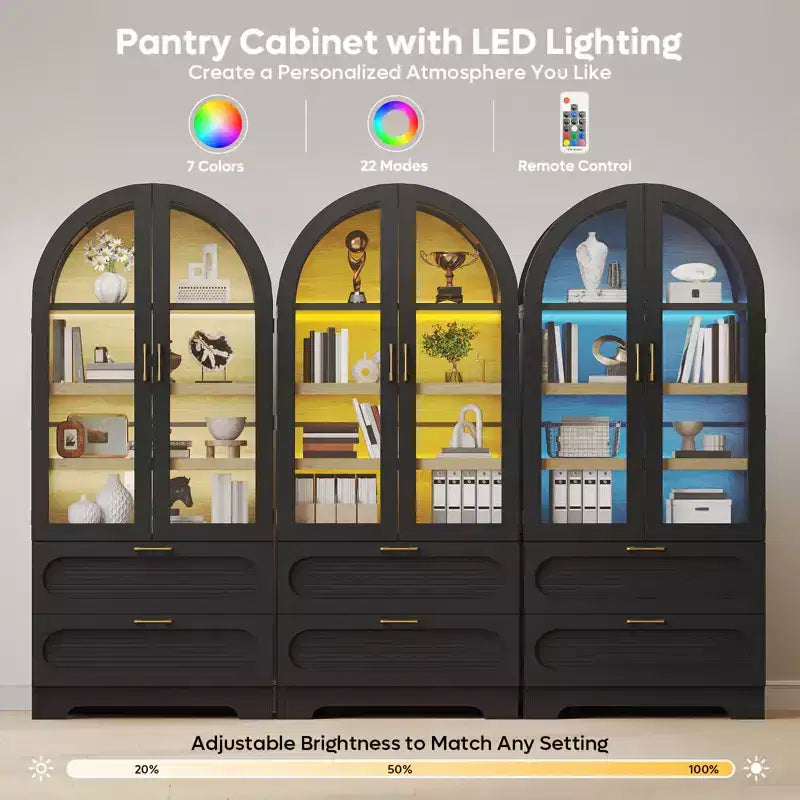Mobile Contenitore Alto Ad Arco da 178 cm con Luci a LED, 2 Cassetti e Ripiani Regolabili – Nero Venato / Rovere Naturale