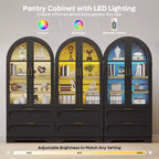 Mobile Contenitore Alto Ad Arco da 178 cm con Luci a LED, 2 Cassetti e Ripiani Regolabili – Nero Venato / Rovere Naturale