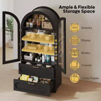 Mobile Contenitore Alto Ad Arco da 178 cm con Luci a LED, 2 Cassetti e Ripiani Regolabili – Nero Venato / Rovere Naturale