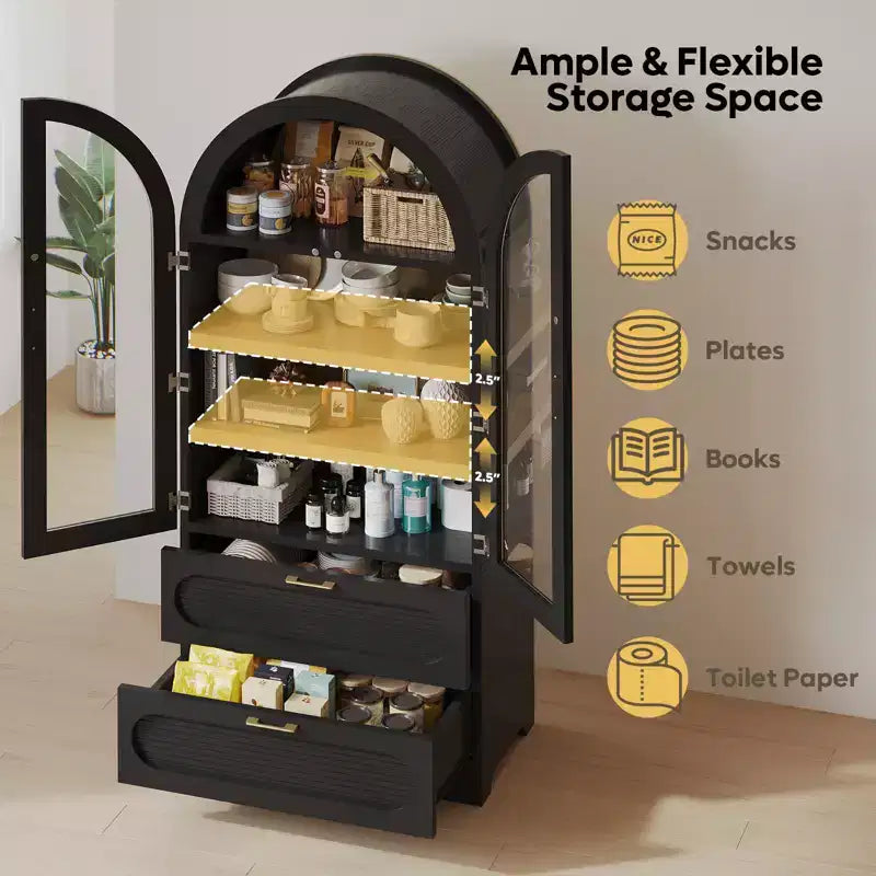 Mobile Contenitore Alto Ad Arco da 178 cm con Luci a LED, 2 Cassetti e Ripiani Regolabili – Nero Venato / Rovere Naturale