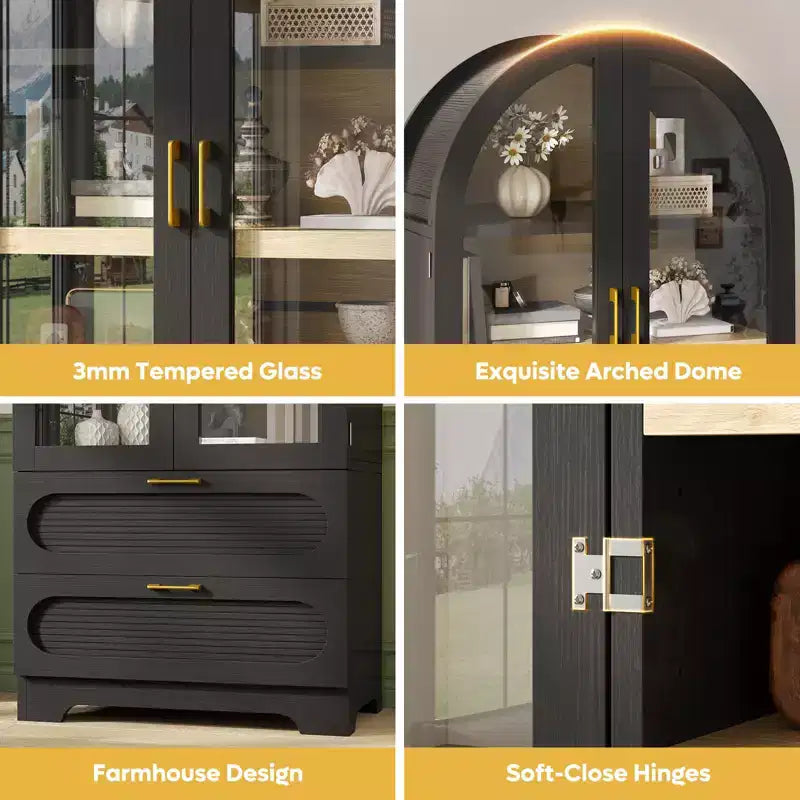 Mobile Contenitore Alto Ad Arco da 178 cm con Luci a LED, 2 Cassetti e Ripiani Regolabili – Nero Venato / Rovere Naturale