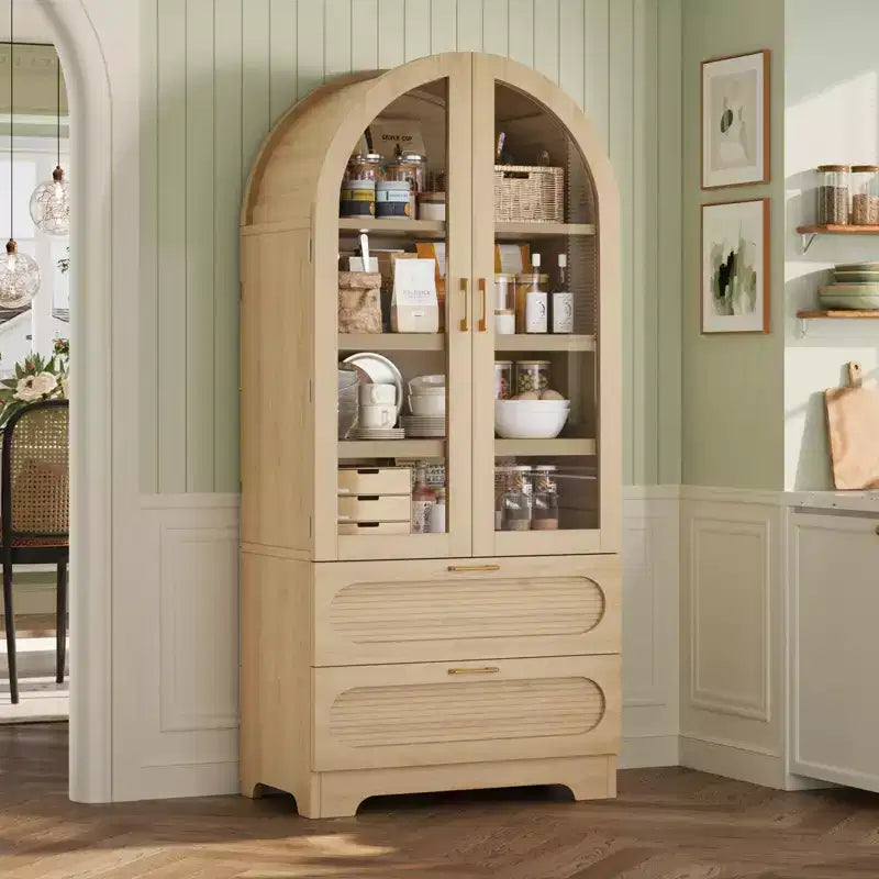Mobile Contenitore Alto Ad Arco da 178 cm con Luci a LED, 2 Cassetti e Ripiani Regolabili – Nero Venato / Rovere Naturale