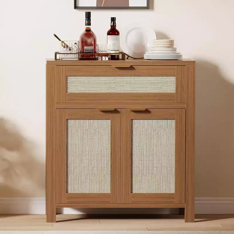 Credenza in Rattan Rovere Scuro / Rovere Chiaro con Cassetto e Ripiani, 2-3 pezzi