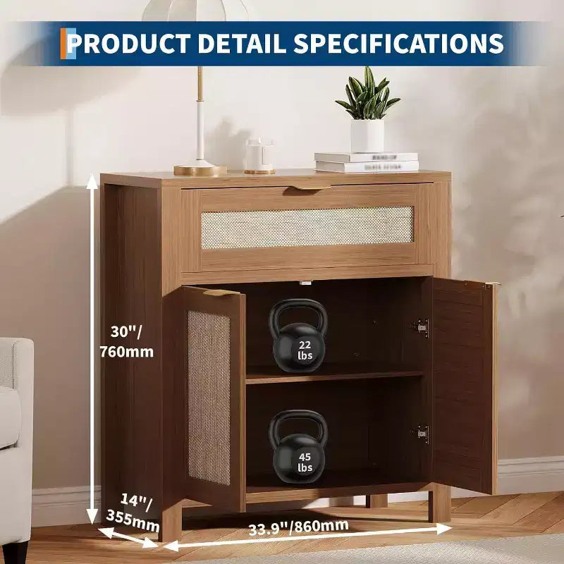 Credenza in Rattan Rovere Scuro / Rovere Chiaro con Cassetto e Ripiani, 2-3 pezzi
