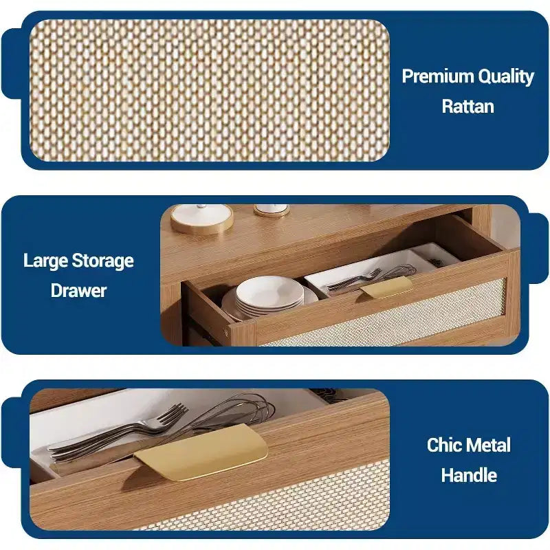 Credenza in Rattan Rovere Scuro / Rovere Chiaro con Cassetto e Ripiani, 2-3 pezzi