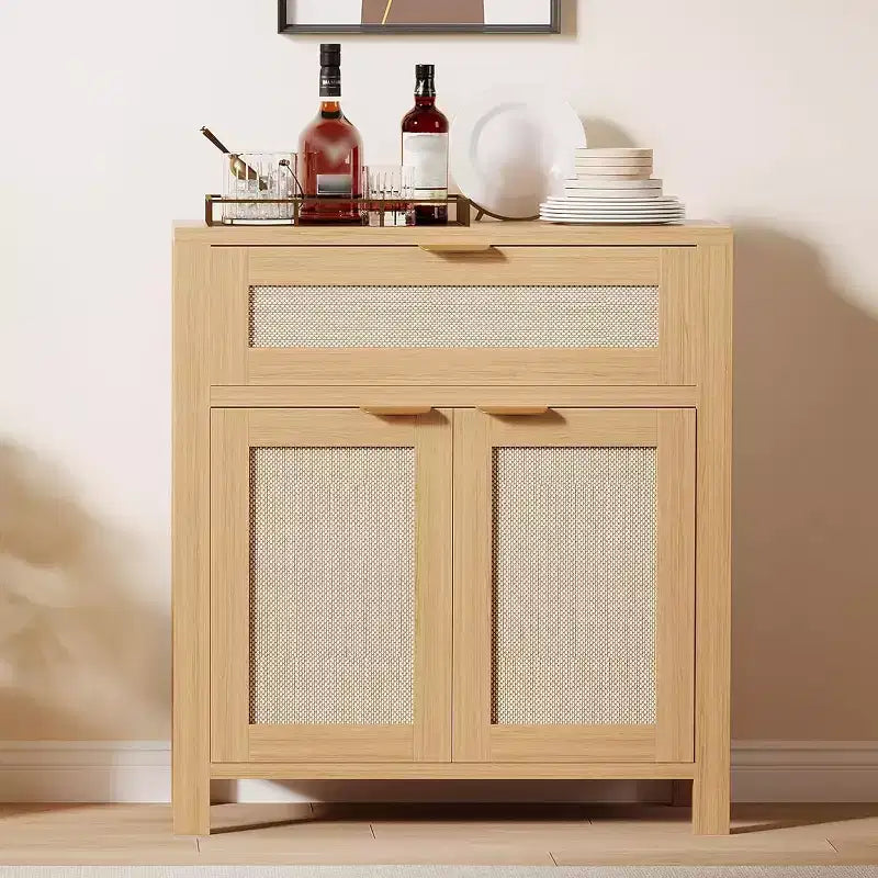 Credenza in Rattan Rovere Scuro / Rovere Chiaro con Cassetto e Ripiani, 2-3 pezzi