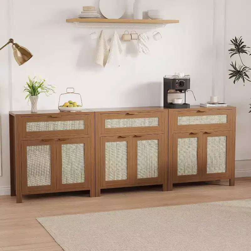 Credenza in Rattan Rovere Scuro / Rovere Chiaro con Cassetto e Ripiani, 2-3 pezzi