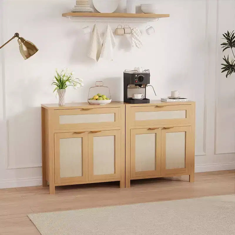 Credenza in Rattan Rovere Scuro / Rovere Chiaro con Cassetto e Ripiani, 2-3 pezzi