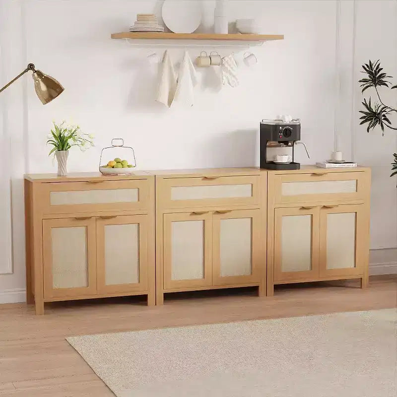 Credenza in Rattan Rovere Scuro / Rovere Chiaro con Cassetto e Ripiani, 2-3 pezzi