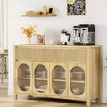 Sideboard, 55 Inch Buffet Cabinet with Storage, Modern Farmhouse Coffee Bar with 4 Oval Glass Doors & 2 Drawers, Natural