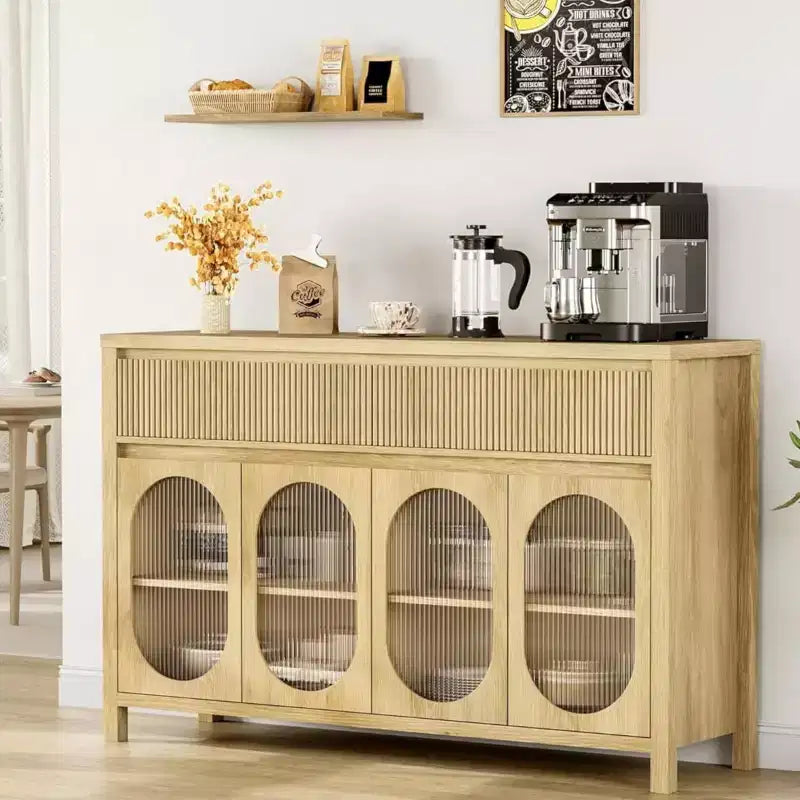 Sideboard, 55 Inch Buffet Cabinet with Storage, Modern Farmhouse Coffee Bar with 4 Oval Glass Doors & 2 Drawers, Natural