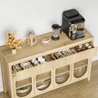 Credenza, Mobile Buffet da 140 cm con Contenitore, Coffee Bar Moderno Stile Fattoria con 4 Ante in Vetro Ovale e 2 Cassetti, Naturale
