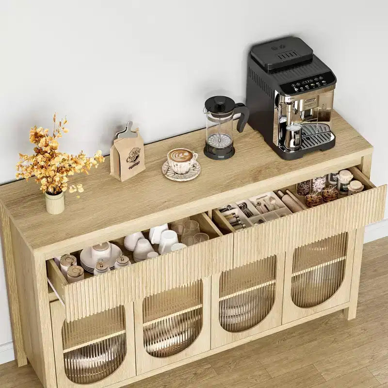Credenza, Mobile Buffet da 140 cm con Contenitore, Coffee Bar Moderno Stile Fattoria con 4 Ante in Vetro Ovale e 2 Cassetti, Naturale