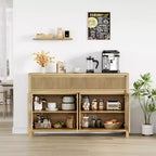 Credenza, Mobile Buffet da 140 cm con Contenitore, Coffee Bar Moderno Stile Fattoria con 4 Ante in Vetro Ovale e 2 Cassetti, Naturale