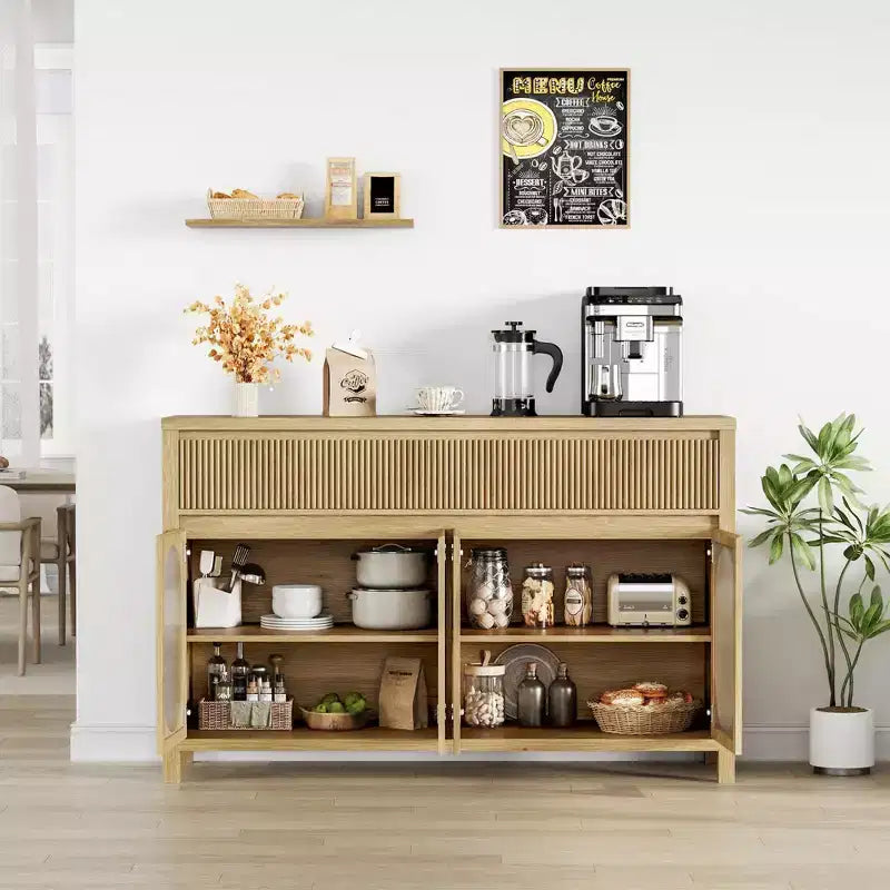 Credenza, Mobile Buffet da 140 cm con Contenitore, Coffee Bar Moderno Stile Fattoria con 4 Ante in Vetro Ovale e 2 Cassetti, Naturale