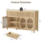 Credenza, Mobile Buffet da 140 cm con Contenitore, Coffee Bar Moderno Stile Fattoria con 4 Ante in Vetro Ovale e 2 Cassetti, Naturale