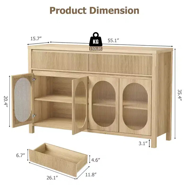 Credenza, Mobile Buffet da 140 cm con Contenitore, Coffee Bar Moderno Stile Fattoria con 4 Ante in Vetro Ovale e 2 Cassetti, Naturale