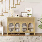 Credenza, Mobile Buffet da 140 cm con Contenitore, Coffee Bar Moderno Stile Fattoria con 4 Ante in Vetro Ovale e 2 Cassetti, Naturale