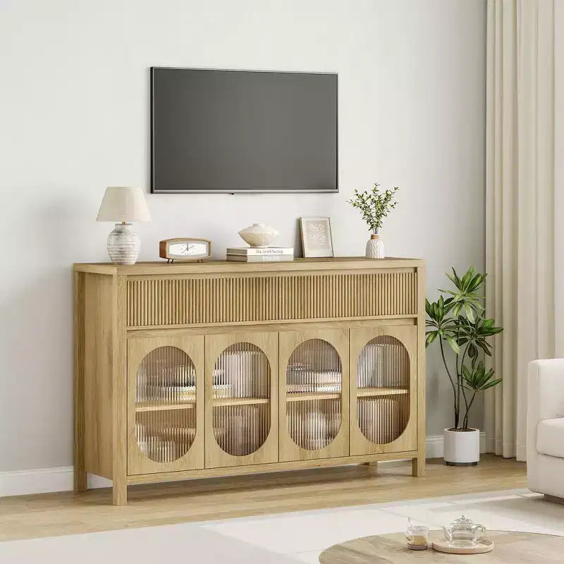 Credenza, Mobile Buffet da 140 cm con Contenitore, Coffee Bar Moderno Stile Fattoria con 4 Ante in Vetro Ovale e 2 Cassetti, Naturale