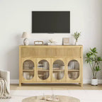 Credenza, Mobile Buffet da 140 cm con Contenitore, Coffee Bar Moderno Stile Fattoria con 4 Ante in Vetro Ovale e 2 Cassetti, Naturale