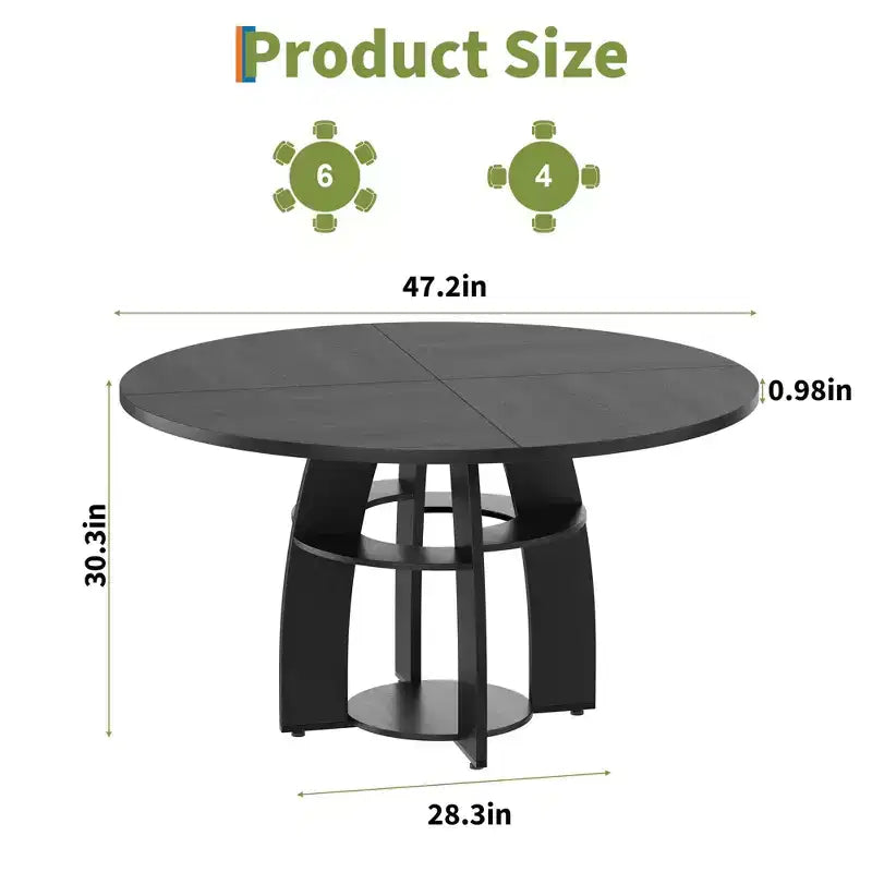 Tavolo da pranzo rotondo da 47", nero/noce, stile moderno, 6 posti