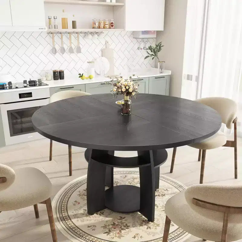 Tavolo da pranzo rotondo da 47", nero/noce, stile moderno, 6 posti