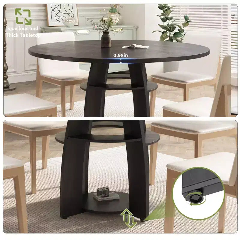 Tavolo da pranzo rotondo da 47", nero/noce, stile moderno, 6 posti