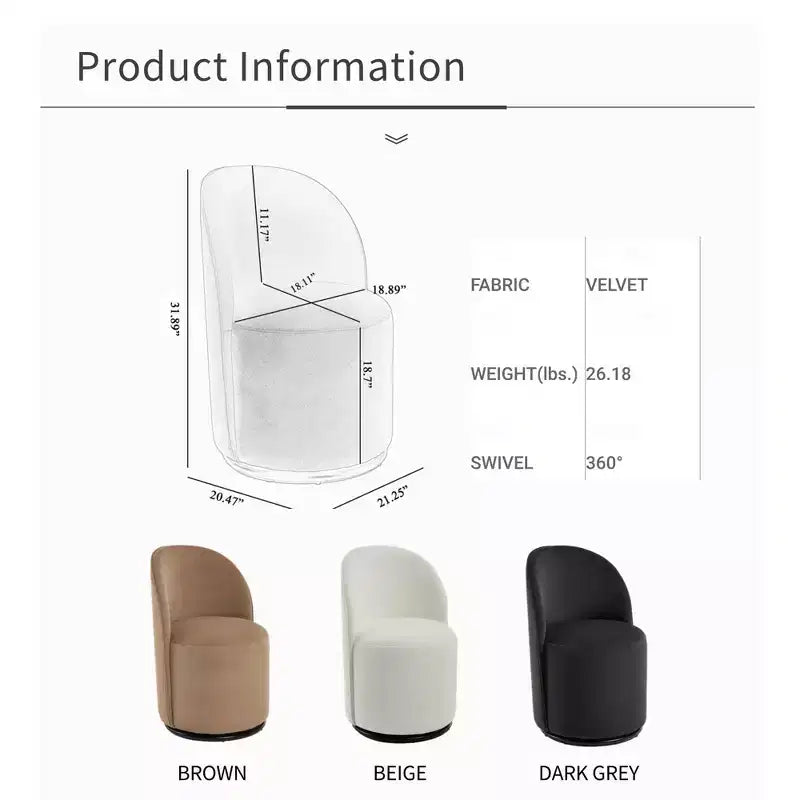Sedia da pranzo girevole in velluto beige, senza braccioli, 1 posto