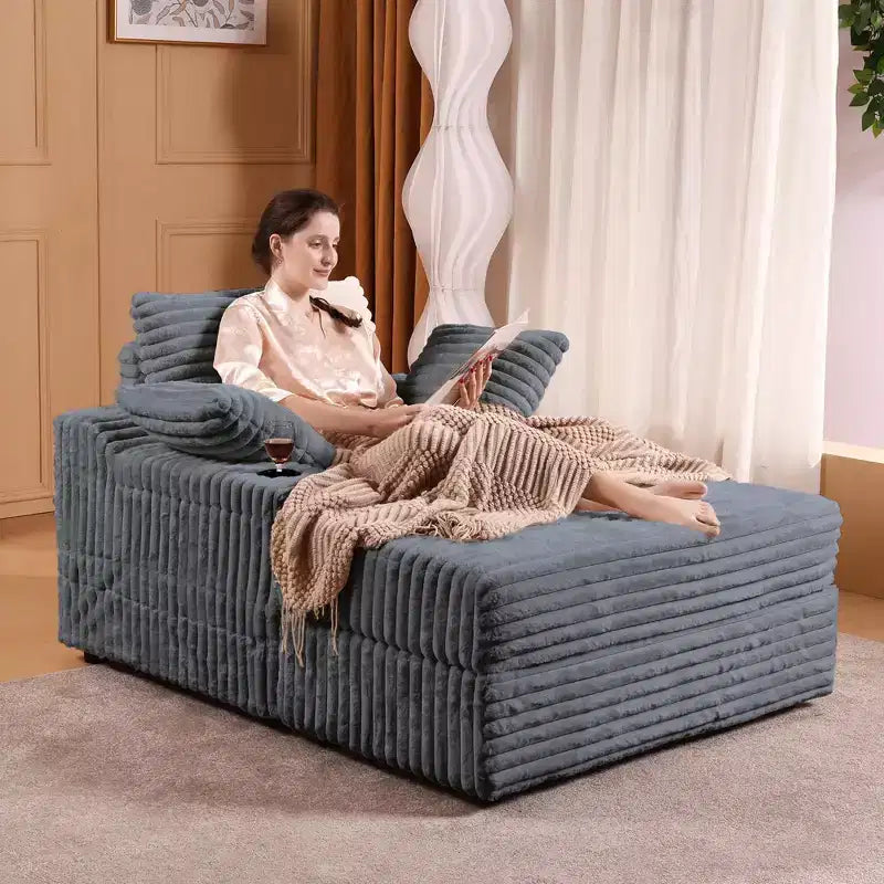 Chaise longue in velluto a coste con pouf contenitore, grigio / bianco sporco / verde chiaro, seduta singola, 3 cuscini