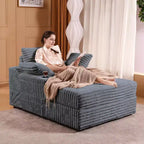 Chaise longue in velluto a coste con pouf contenitore, grigio / bianco sporco / verde chiaro, seduta singola, 3 cuscini