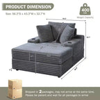 Chaise longue in velluto a coste con pouf contenitore, grigio / bianco sporco / verde chiaro, seduta singola, 3 cuscini