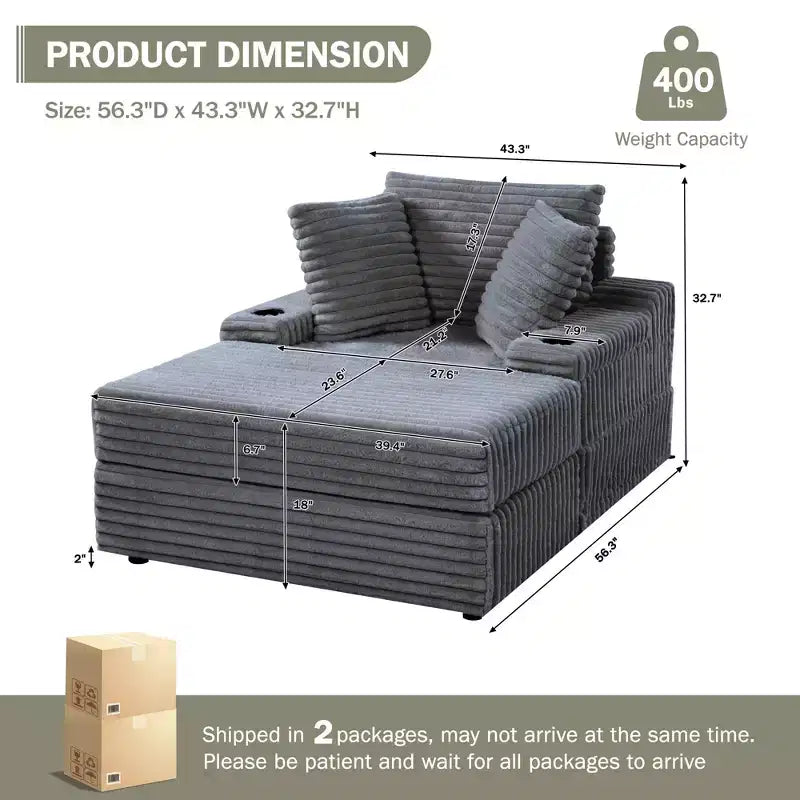 Chaise longue in velluto a coste con pouf contenitore, grigio / bianco sporco / verde chiaro, seduta singola, 3 cuscini