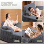 Chaise longue in velluto a coste con pouf contenitore, grigio / bianco sporco / verde chiaro, seduta singola, 3 cuscini
