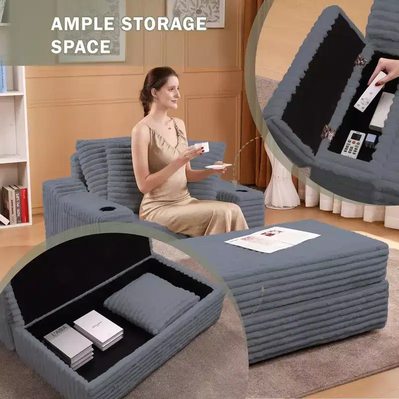 Chaise longue in velluto a coste con pouf contenitore, grigio / bianco sporco / verde chiaro, seduta singola, 3 cuscini